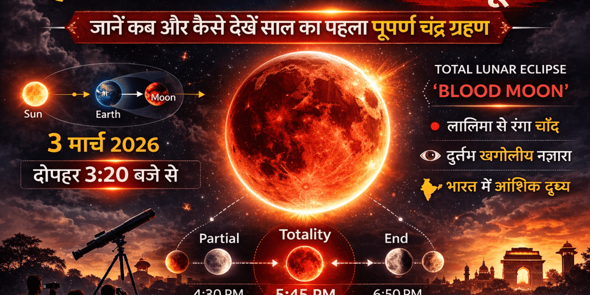 3 मार्च 2026 को होली के दिन दिखाई देने वाला पूर्ण चंद्र ग्रहण (ब्लड मून) का दृश्य, जिसमें लाल रंग का चंद्रमा, ग्रहण के चरण और समय 3:20 बजे से दर्शाया गया है।