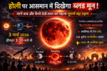 3 मार्च 2026 को होली के दिन दिखाई देने वाला पूर्ण चंद्र ग्रहण (ब्लड मून) का दृश्य, जिसमें लाल रंग का चंद्रमा, ग्रहण के चरण और समय 3:20 बजे से दर्शाया गया है।
