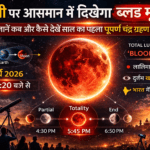 3 मार्च 2026 को होली के दिन दिखाई देने वाला पूर्ण चंद्र ग्रहण (ब्लड मून) का दृश्य, जिसमें लाल रंग का चंद्रमा, ग्रहण के चरण और समय 3:20 बजे से दर्शाया गया है।