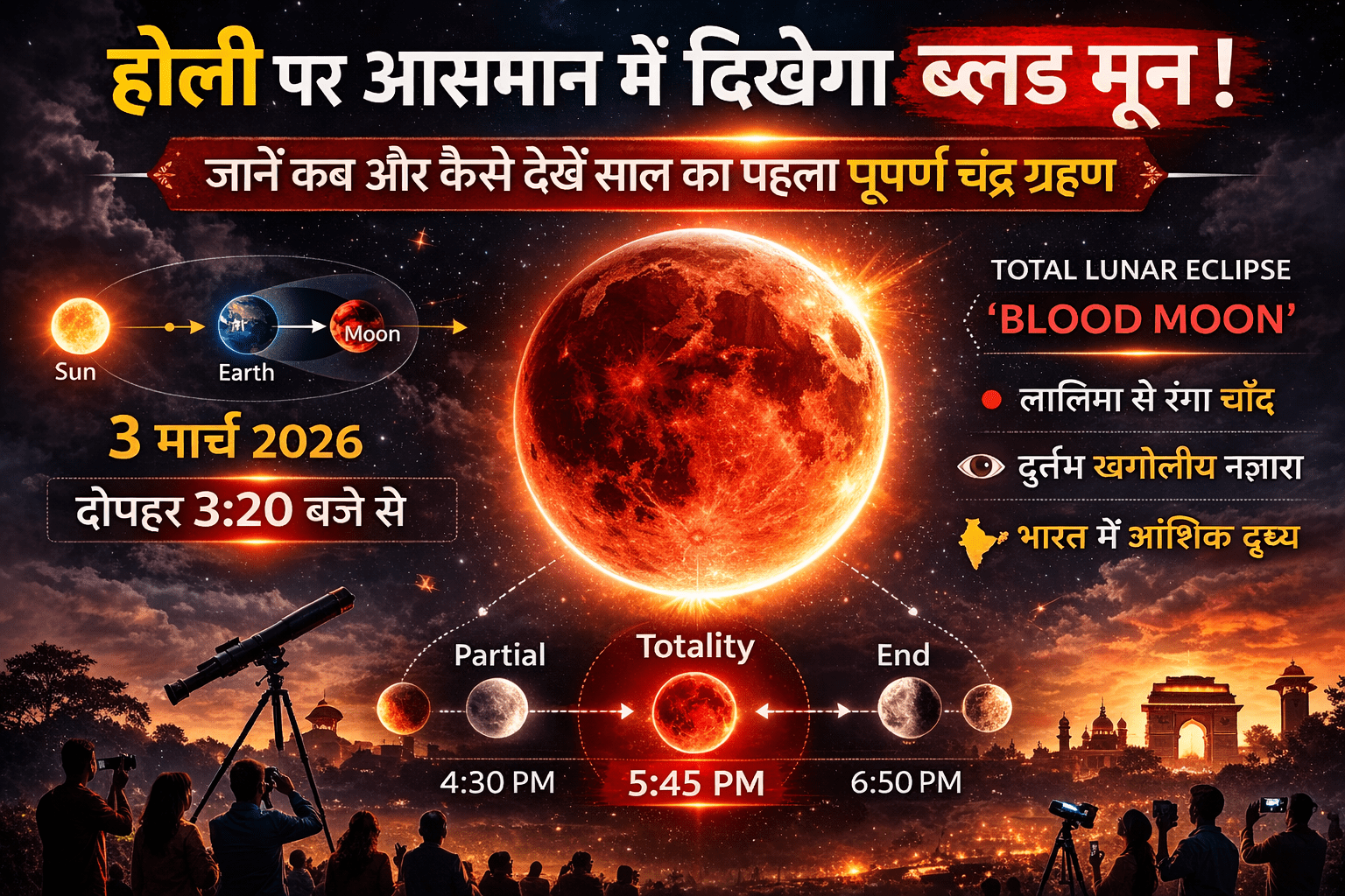 3 मार्च 2026 को होली के दिन दिखाई देने वाला पूर्ण चंद्र ग्रहण (ब्लड मून) का दृश्य, जिसमें लाल रंग का चंद्रमा, ग्रहण के चरण और समय 3:20 बजे से दर्शाया गया है।