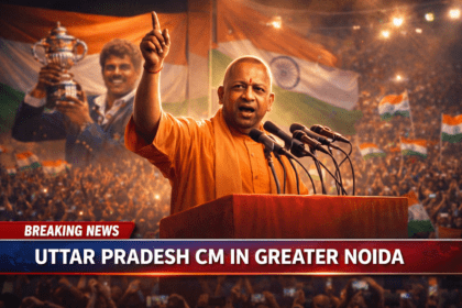 ग्रेटर नोएडा में Yogi Adityanath का भाषण, जिसमें उन्होंने Kapil Dev का उदाहरण देते हुए पाकिस्तान पर तंज कसा।